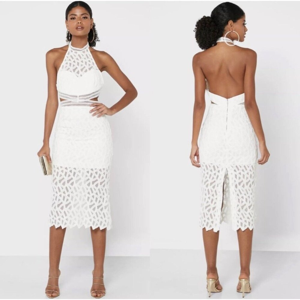 NWOT Bardot Lace Halter Sheath Midi Dress White  Size 6 Small